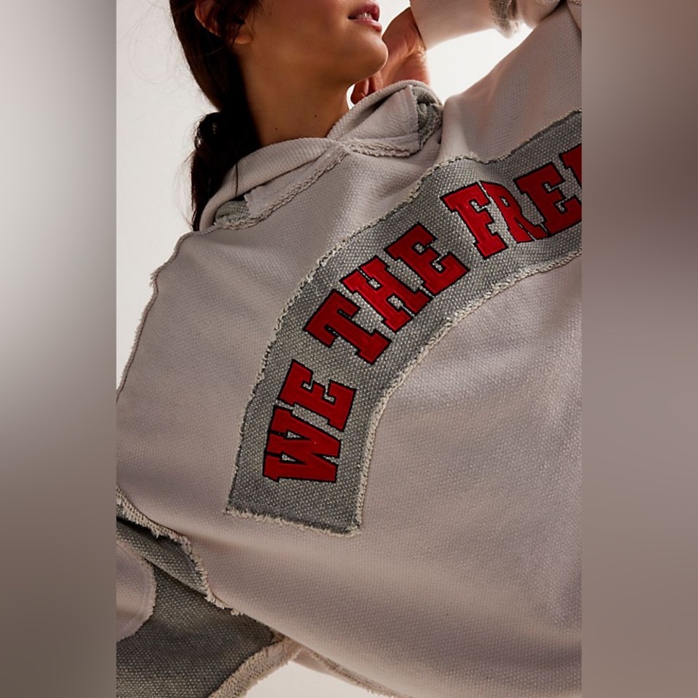 Free People Oversized Hooded Sweatshirt in Light Beige with Red Lettering - Picture 3 of 5